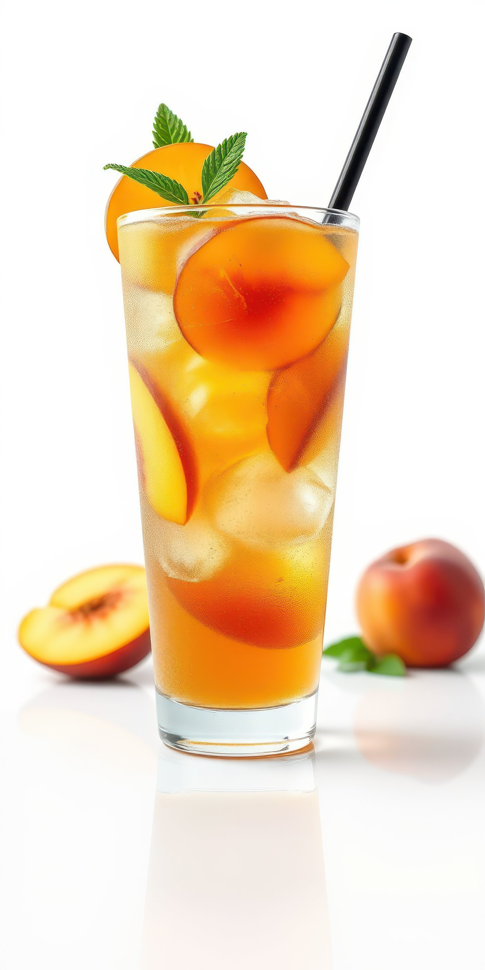 Refreshing peach iced tea served in a tall glass with fresh peach slices and mint leaves